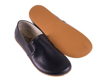 MEN Zero Drop SLiP On Barefoot BLACK SMOOTH Leather Handmade Shoes, Natural, Colorful, Slip-On 5mm RuBBER OuTSOLE