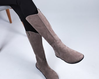Handmade Women's Barefoot Knee Boots: Smoked Nubuck Leather, Zero Drop
