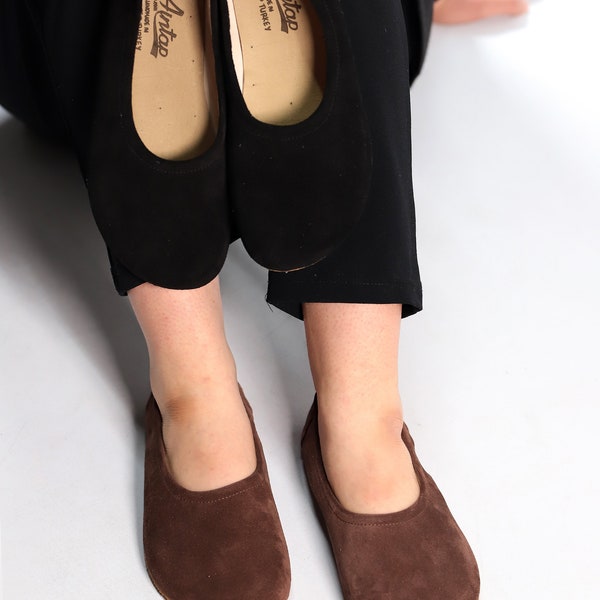 Flat Ballet Barefoot Zero Drop BROWN SUEDE Leather Ballerinas, Leather Handmade Shoes, Slip-On 5mm Rubber Outsole or Leather Outsole