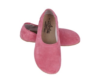 Flat Ballet Barefoot Zero Drop CANDY PINK SUEDE Leather Ballerinas, Leather Handmade Shoes, Slip-On 5mm Rubber Outsole or Leather Outsole