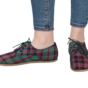WOMEN Barefoot OXFORD Tartan Plaid Fabric & Leather Handmade Classic Yemeni Shoes, Natural, Colorful, Slip-On