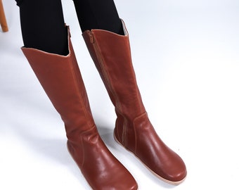 Women Flat KNEE Boots Barefoot Zero Drop BROWN SMOOTH Leather Handmade Shoes, 6mm Soft Rubber Outsole