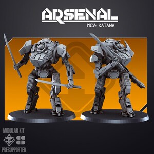 May include: Two grey robot figures, each with a sword, are shown on a black base. The text "ARSENAL MCV: KATANA" is at the top. The words "MODULAR KIT" and "PRESUPPORTED" are at the bottom.