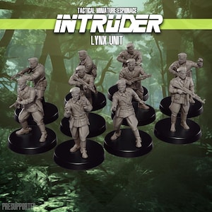 May include: A set of miniature soldier figurines in tan uniforms, each on a black base. The figures are in various action poses, holding rifles. The text "INTRUDER LYNX UNIT" is displayed at the top, with "TACTICAL MINIATURE ESPIONAGE" above.