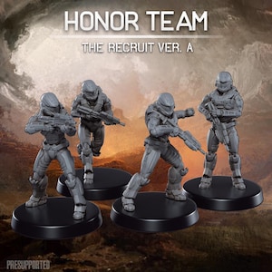 May include: Four gray action figures of armored soldiers, each holding a rifle, stand on black circular bases. The figures are labeled "Honor Team" and "The Recruit Ver. A."