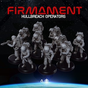 以下が含まれることがあります： FIRMAMENT HULLBREACH OPERATORSと記された8体のグレーのミニチュアフィギュアセット。各フィギュアはヘルメットと大きなバックパックを備えた宇宙服を着用し、ライフルやツールを手に持っています。フィギュアは個別の黒い円形ベースの上に配置されています。