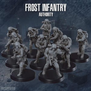 May include: A collection of gray miniature figures of soldiers, each posed on a black circular base. The figures are wearing helmets, armor, and carrying weapons. The text "FROST INFANTRY AUTHORITY" is displayed at the top of the image.