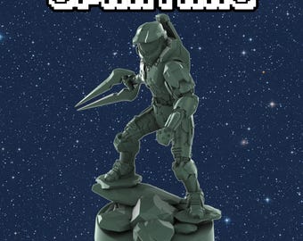 Peut inclure: Une figurine d'action en plastique verte d'un soldat Spartan de la série de jeux vidéo Halo. La figurine tient une grande épée énergétique et se tient sur une base rocheuse. La figurine est en position de combat.