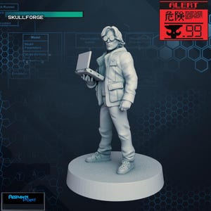 May include: A grey plastic miniature figurine of a person wearing a jacket, glasses, and jeans, holding a laptop. The figurine is standing on a round base. The background is a blue and grey grid pattern. The text "SKULLFORGE" is visible in the top left corner of the image.