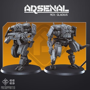 Peut inclure: Deux figurines de robots miniatures grises étiquetées ARSENAL MCV : GLADIUS. La figurine de gauche tient un fusil, tandis que celle de droite tient un pistolet et une lame. Toutes deux sont sur des socles circulaires sur fond orange et gris.