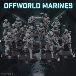 Puede incluir: Colección de figuras en miniatura grises de soldados, cada una de pie sobre una base circular negra. Las figuras están armadas con rifles y visten cascos y equipo táctico. El texto "OFFWORLD MARINES" se muestra en la parte superior.