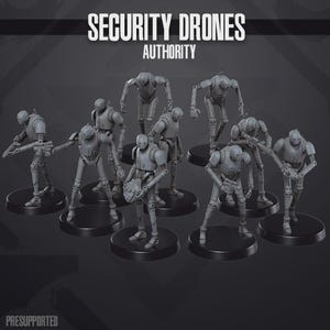 May include: A collection of gray security drone figurines, each posed on a black circular base. The text "SECURITY DRONES AUTHORITY" is displayed above the figures. The word "PRESUPPORTED" is at the bottom.
