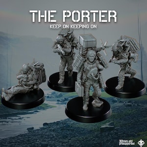Puede incluir: Un conjunto de figuras en miniatura grises que representan a los personajes de 'The Porter', cada una sobre una base circular negra. Las figuras están detalladas con equipo y accesorios. El texto 'THE PORTER' y 'KEEP ON KEEPING ON' se muestra en la parte superior.