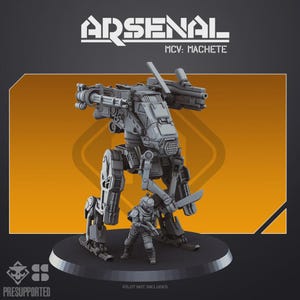 Puede incluir: Una miniatura gris de robot de combate bípedo con un cañón montado y un brazo de machete, sobre una base circular. El texto ARSENAL y MCV: MACHETE aparece arriba, con las menciones PRESUPPORTED y PILOT NOT INCLUDED visibles en la imagen.