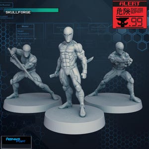May include: Three grey plastic miniature figures of a cyborg ninja, each standing on a round base. The figures are posed in different action stances, holding weapons such as a sword and a gun. The figures are part of a game called "Skullforge".