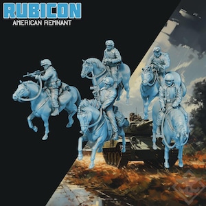 May include: A light blue miniature set depicting soldiers on horseback, with a tank in the background. The text "RUBICON AMERICAN REMNANT" is displayed at the top. The figures are detailed and appear to be part of a war game or historical diorama.
