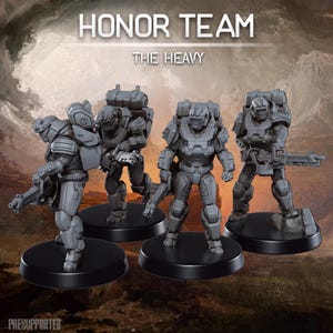 May include: Four gray miniature figures of armored soldiers, each posed on a black circular base. The figures are holding weapons and have backpacks. The text "HONOR TEAM" and "THE HEAVY" are visible at the top of the image. The word "PRESUPPORTED" is at the bottom.