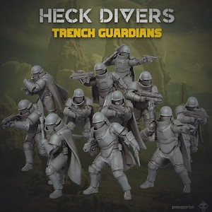 Puede incluir: Un grupo de diez figuras de soldados en miniatura de color gris tituladas HECK DIVERS TRENCH GUARDIANS. Cada figura lleva casco, armadura de pecho y capa, y porta un rifle futurista. Las figuras están dispuestas en formación táctica sobre una base.