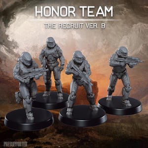 May include: Four gray action figures of armored soldiers, each holding a rifle, stand on black circular bases. The figures are in various poses, with the text "HONOR TEAM THE RECRUIT VER. B" at the top.