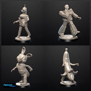 May include: Four grey resin figurines on black bases. The figures include a robot, a zombie robot, a rabbit in overalls, and a person in a banana costume. The figures are in a walking pose. The Respawn Point logo is in the bottom left corner.