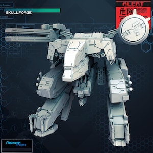 May include: A white, detailed model of a large, mechanical robot with a skull-like head. The robot has two large arms with multiple cannons and a large, round shield on the right arm. The robot is standing on a dark blue background with a hexagonal pattern.