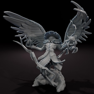 May include: A detailed, gray figurine of a winged figure with outstretched arms. The figure wears a long coat, a feathered hat, and holds a lantern and a skull. The wings are large and detailed, and the figure stands on a cloud-like base.