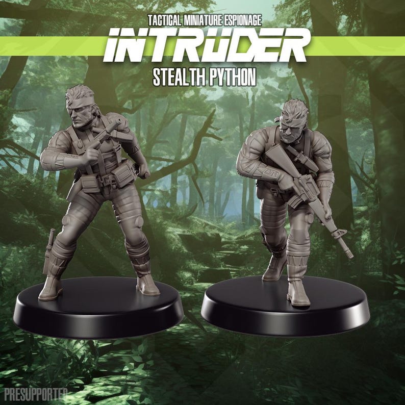 May include: Two grey miniature figures of a soldier in combat gear, each on a black circular base. The figures are holding weapons. The text "INTRUDER Stealth Python" is at the top of the image.
