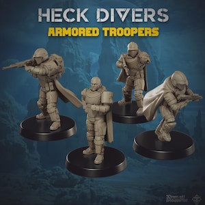 Puede incluir: Cuatro figuras de soldados blindados grises sobre bases negras. Las figuras están en varias poses de acción, sosteniendo rifles. El texto "HECK DIVERS" y "ARMORED TROOPERS" se muestra en la parte superior. El texto "32mm stl presupported" está en la parte inferior.