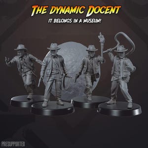 May include: Four gray figurines of a character in a fedora and jacket, each in a different action pose, standing on black circular bases. The text "THE DYNAMIC DOCENT" and "IT BELONGS IN A MUSEUM!" are at the top. The word "PRESUPPORTED" is at the bottom.
