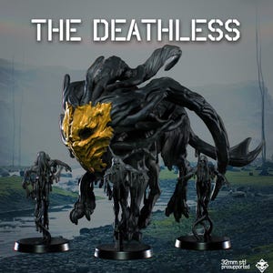 May include: A black and gold Deathless figure with three smaller figures on black bases. The main figure has a gold mask and a dark, textured body. The text "THE DEATHLESS" is at the top.
