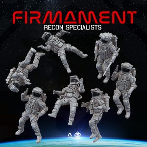 Könnte beinhalten: Ein Set aus sechs grauen Miniatur-Astronautenfiguren in verschiedenen Posen, die detaillierte Raumanzüge mit Helmen, Rucksäcken und taktischer Ausrüstung tragen. Der Text FIRMAMENT RECON SPECIALISTS ist oben im Bild in Rot und Weiß zu sehen.