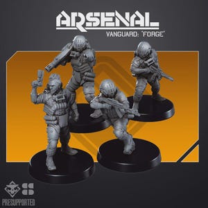 May include: Four grey unpainted miniature soldier figurines standing on black circular bases. The figures wear tactical gear, helmets, and carry rifles or pistols. Text at the top reads ARSENAL VANGUARD: 'FORGE' and at the bottom reads PRESUPPORTED.