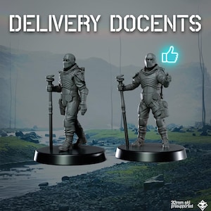 May include: Two grey 3D-printed figurines of a futuristic character, one holding a staff and the other giving a thumbs-up. The figures stand on black circular bases, with the text "DELIVERY DOCENTS" above them.