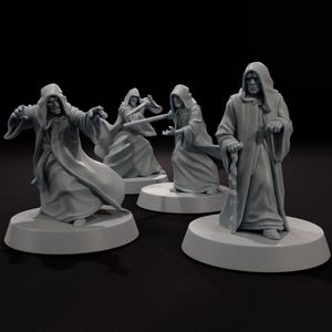 May include: Four gray miniature figures of robed characters, each standing on a circular base. The figures have hooded cloaks and detailed facial features. One figure is holding a staff, while another has outstretched arms.