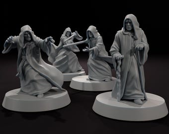 May include: Four gray miniature figures of robed characters, each standing on a circular base. The figures have hooded cloaks and detailed facial features. One figure is holding a staff, while another has outstretched arms.