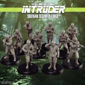 Op de afbeelding: Een verzameling miniatuurfiguren van soldaten in gevechtsuitrusting. De figuren zijn in een neutrale kleur en staan op zwarte, cirkelvormige bases. De tekst "INTRUDER SIBERIAN SECURITY FORCE" is zichtbaar.