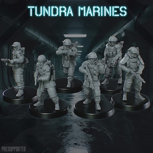 May include: A group of gray miniature figurines of soldiers, each armed with a rifle and wearing tactical gear. The text "TUNDRA MARINES" is displayed in a glowing blue font above the figures. The figurines are on black circular bases.