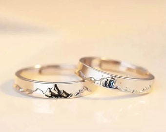 Adjustable Mountain Ocean Couple Ring Set - Handcrafted Nature Inspired Rings - Rustic Wedding Bands - Personalised Sea and Summit Rings