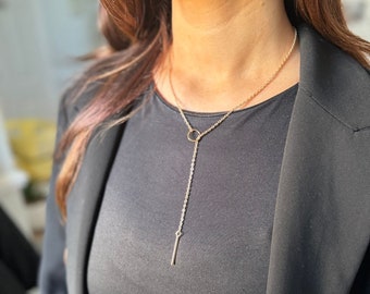 Minimalist Gold Circle and Bar Lariat Necklace - Y Necklace Eternity Design - Dainty Jewellery - Elegant Gift for Her - Versatile Accessory