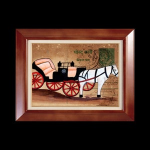 Handbemalte Pferdekutschen-Kunst - Indisches Vintage-Postkarten-Dekor - Antike Transport-Illustration - Rustikale Reise-Wandkunst