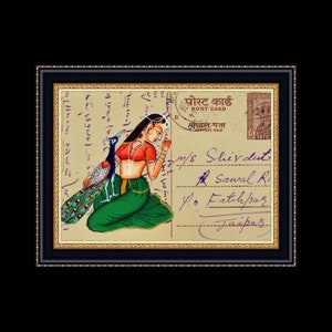 Hermosa pintura en miniatura pintada a mano de la dama Ragini en una postal antigua india