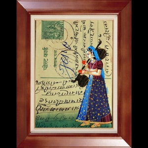 Hermosa miniatura pintada a mano de la Dama Ragini en postales del período británico, decoración del hogar hecha a mano, adornos navideños