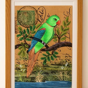 Handgemalte Papagei Kunst Vintage Postkarte - Indischer Vogel Wanddekor - Original Tropisches Gemälde - Exotische Tierschutz Kunst - Kunst Geschenk - Umweltfreundliche Kunst