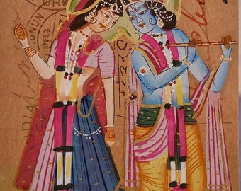 India Painting Radha Krishna, Watercolor Painting Radha and Krishna In Intimate , Krishna Leela Painting, Shree krishna Painting On Postcard