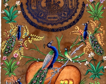 Peacock Group Painting On Old Stamp Paper , Handmade Painting ,Indian Miniature Birds Painting , Birds Art For Wall Decoration