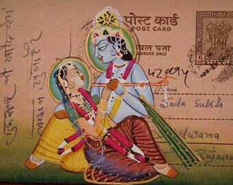 Radha Krishna sitting - Watercolor Painting - Radha and Krishna In Intimate , Krishna Leela Painting, Shree krishna Painting On Postcard