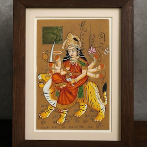 Hand-Painted Durga Maa Postcard: Hindu Goddess Art on Vintage Card
