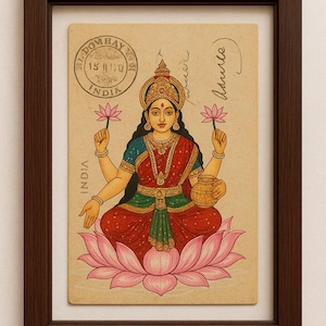 Vintage Goddess Lakshmi Postcard: Hindu Spiritual Art, Diwali Decor