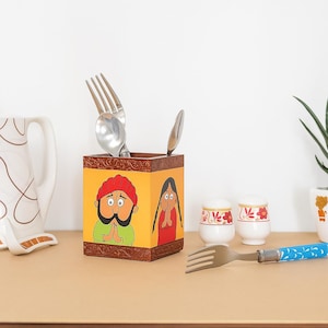 Rajasthani Folk Art Wooden Cutlery Holder – Traditional Indian Utensil Organizer for Kitchen & Dining Table