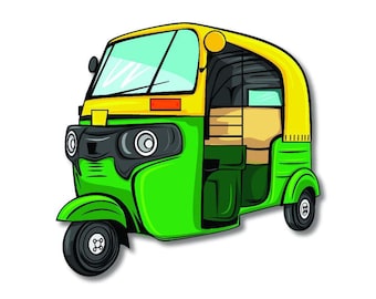 May include: A three-wheeled auto rickshaw featuring a bright green lower body and a yellow roof. The vehicle has a black front bumper, circular headlights, a single front wheel, and an open passenger cabin with beige seating and black interior.